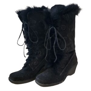 𝅺MAXINE of Canada Black Fur Leather Wedge Boots